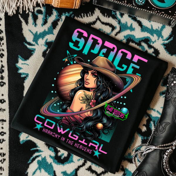 Space Cowgirl, Harmony in the Heavens - Black Mineral Wash or Black Rocker Tank, TShirt, Sweatshirt, Hoodie, or Zip Up Hoodie