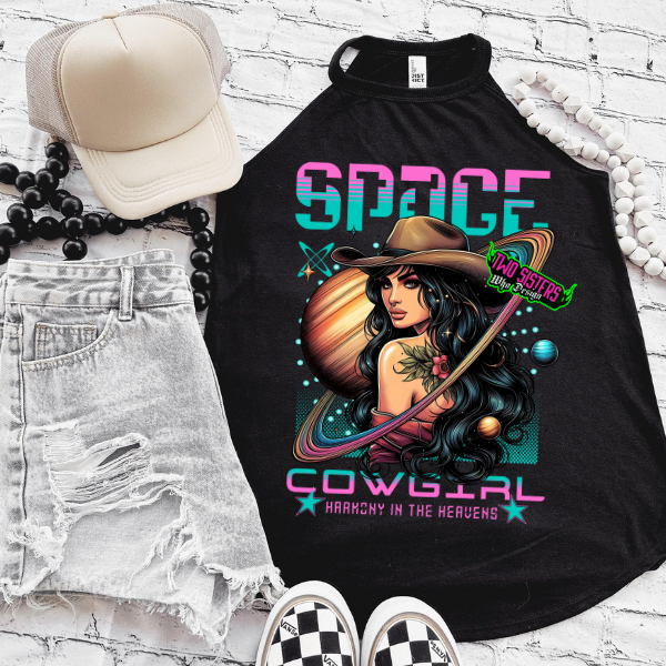 Space Cowgirl, Harmony in the Heavens - Black Mineral Wash or Black Rocker Tank, TShirt, Sweatshirt, Hoodie, or Zip Up Hoodie