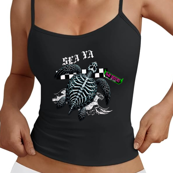 "Se Ya" Sea Turtle Spaghetti Strap Tank Top or Rocker Tank Top + Gingham Plaid Shorts - Matching Set - Add Notes For Different Size Top & Bottom