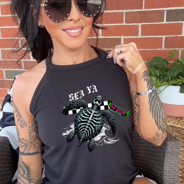"Se Ya" Sea Turtle Spaghetti Strap Tank Top or Rocker Tank Top + Gingham Plaid Shorts - Matching Set - Add Notes For Different Size Top & Bottom