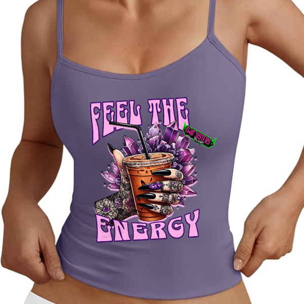 "Feel the Energy" Crystals & Caffeine Purple Spaghetti Strap Tank Top + Purple Gingham Plaid Shorts - Matching Set - Add Notes For Different Size Top & Bottom