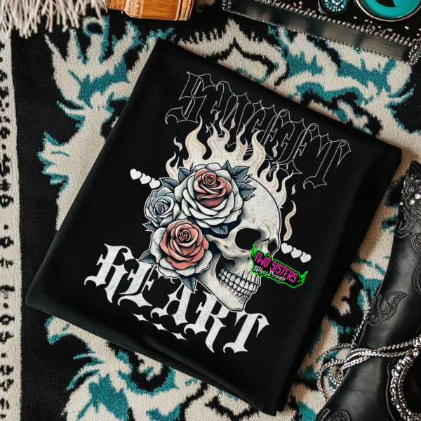 Sweet Heart with Skull & Roses- Black Mineral Wash or Black Rocker Tank, TShirt, Sweatshirt, Hoodie, or Zip Up Hoodie
