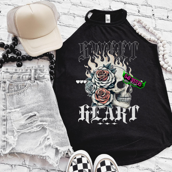 Sweet Heart with Skull & Roses- Black Mineral Wash or Black Rocker Tank, TShirt, Sweatshirt, Hoodie, or Zip Up Hoodie