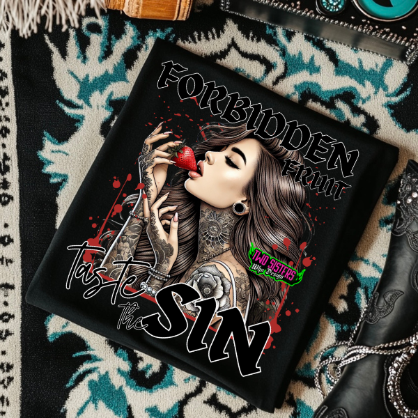 *EXCLUSIVE*Forbidden Fruit, Taste the Sin - Black Mineral Wash TShirt, Black Rocker Tank, Sweatshirt, Hoodie, or Zip Up Hoodie | Trucker Hat | Charcoal Shorts