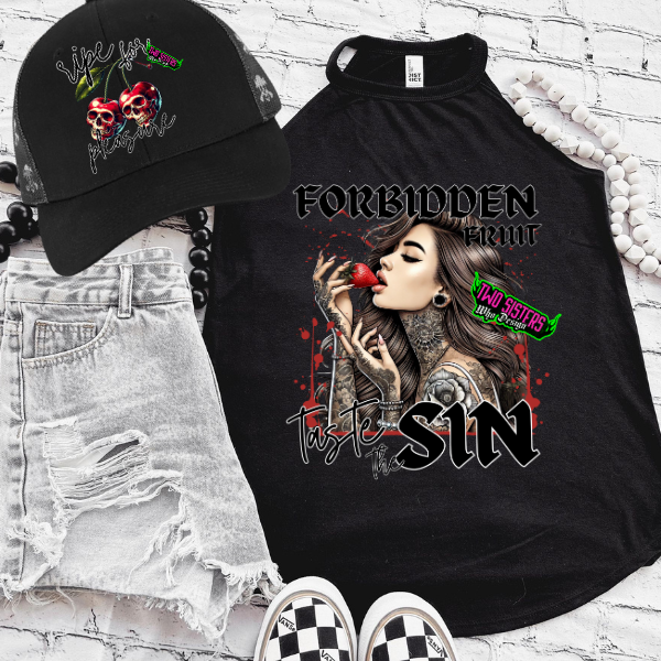 *EXCLUSIVE*Forbidden Fruit, Taste the Sin - Black Mineral Wash TShirt, Black Rocker Tank, Sweatshirt, Hoodie, or Zip Up Hoodie | Trucker Hat | Charcoal Shorts