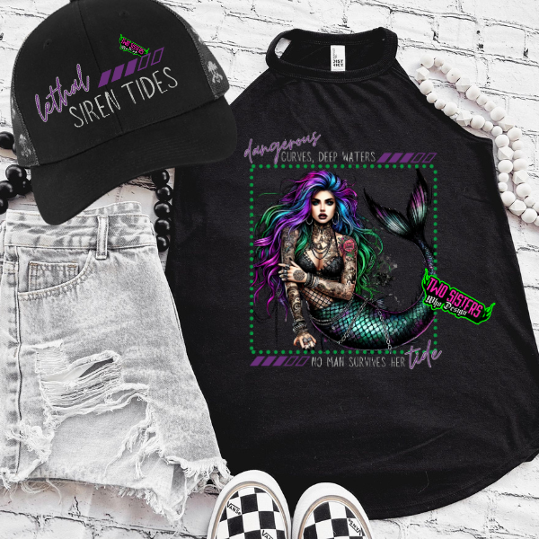 *EXCLUSIVE*Dangerous Curves, Deep Waters No One Survives Her Tide - Black Mineral Wash TShirt, Black Rocker Tank, Sweatshirt, Hoodie, or Zip Up Hoodie | Trucker Hat | Charcoal Shorts