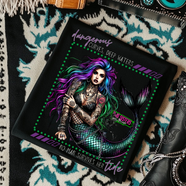 *EXCLUSIVE*Dangerous Curves, Deep Waters No One Survives Her Tide - Black Mineral Wash TShirt, Black Rocker Tank, Sweatshirt, Hoodie, or Zip Up Hoodie | Trucker Hat | Charcoal Shorts