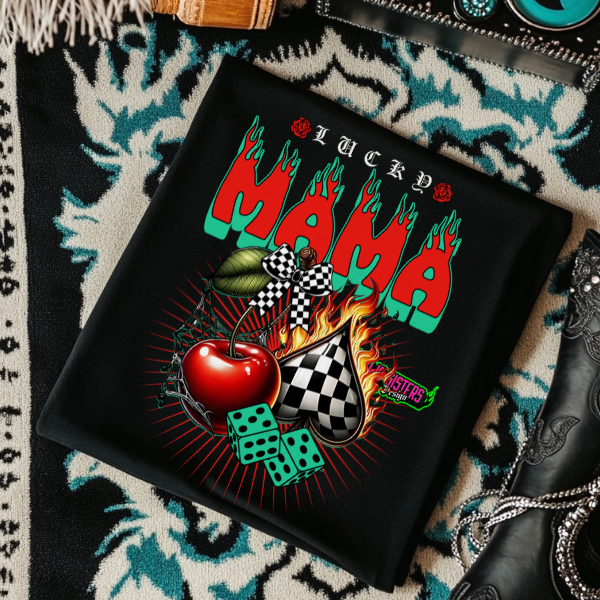 Lucky Mama - Cherries & Dice - Black Mineral Wash or Black Rocker Tank, TShirt, Sweatshirt, Hoodie, or Zip Up Hoodie
