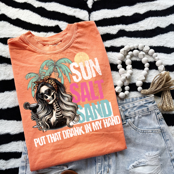 Sun, Salt, Sand, Put That Drink in My Hand - CC Neon Orange Shirt | Trucker Hat | Charcoal Shorts