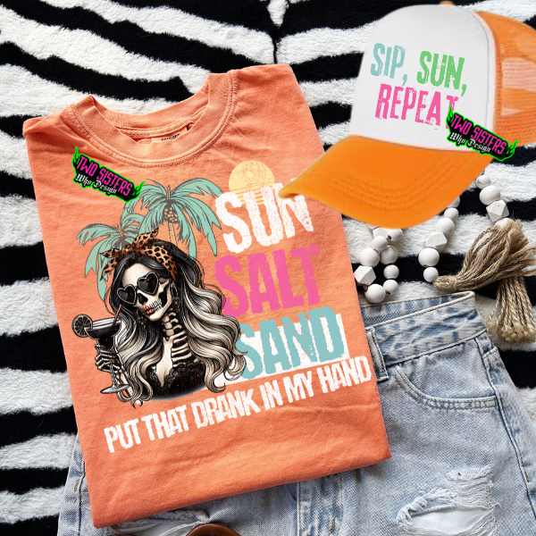 Sun, Salt, Sand, Put That Drink in My Hand - CC Neon Orange Shirt | Trucker Hat | Charcoal Shorts