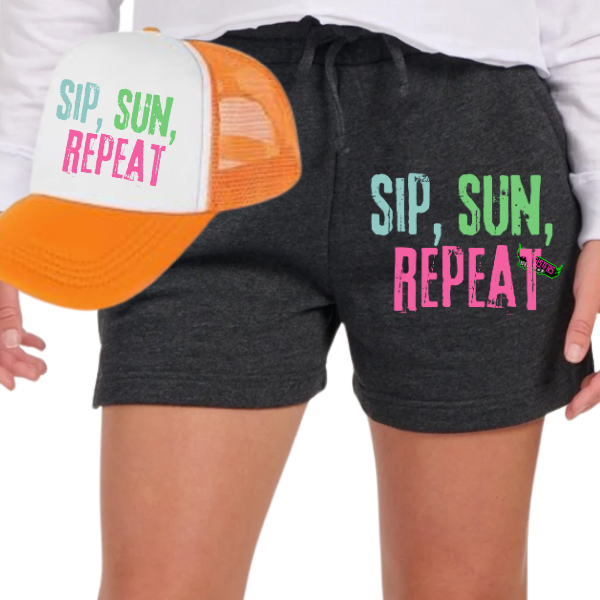 Sun, Salt, Sand, Put That Drink in My Hand - CC Neon Orange Shirt | Trucker Hat | Charcoal Shorts
