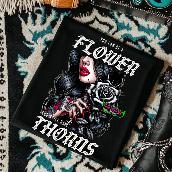 *EXCLUSIVE*You Can Be a Flower & Still Have Thorns - Black Mineral Wash TShirt, Black Rocker Tank, Sweatshirt, Hoodie, or Zip Up Hoodie | Checkered Biker Shorts