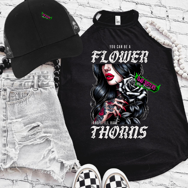 *EXCLUSIVE*You Can Be a Flower & Still Have Thorns - Black Mineral Wash TShirt, Black Rocker Tank, Sweatshirt, Hoodie, or Zip Up Hoodie | Checkered Biker Shorts