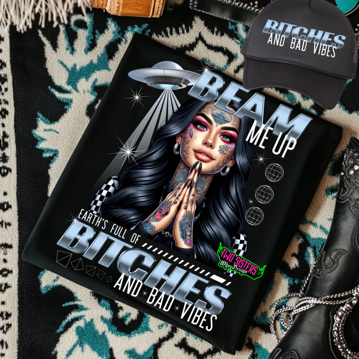 *EXCLUSIVE*Beam Me Up, Earth is Full of Bitches & Bad Vibes - Black Mineral Wash TShirt, Black Rocker Tank, Sweatshirt, Hoodie, or Zip Up Hoodie | Trucker Hat | Charcoal Shorts