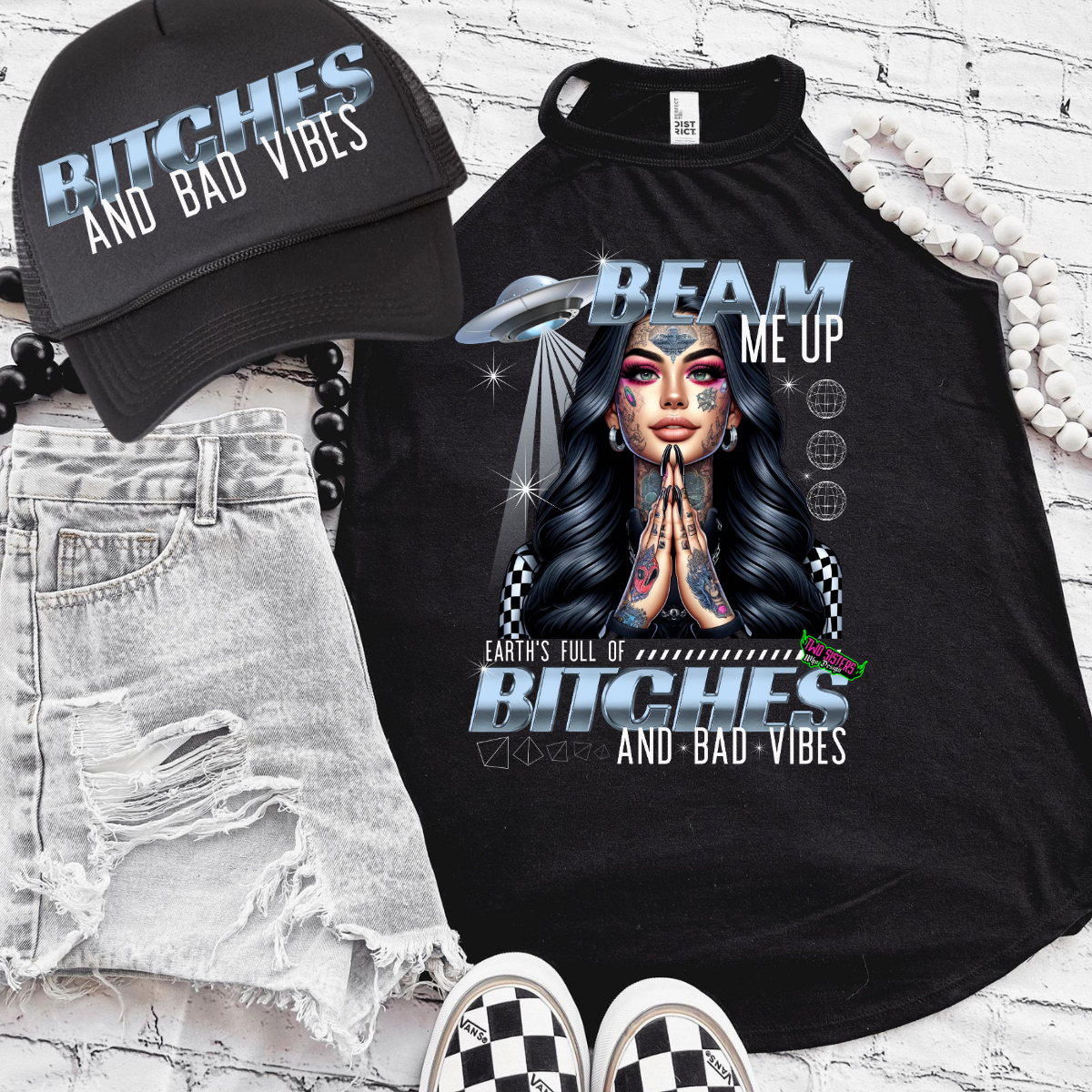 *EXCLUSIVE*Beam Me Up, Earth is Full of Bitches & Bad Vibes - Black Mineral Wash TShirt, Black Rocker Tank, Sweatshirt, Hoodie, or Zip Up Hoodie | Trucker Hat | Charcoal Shorts