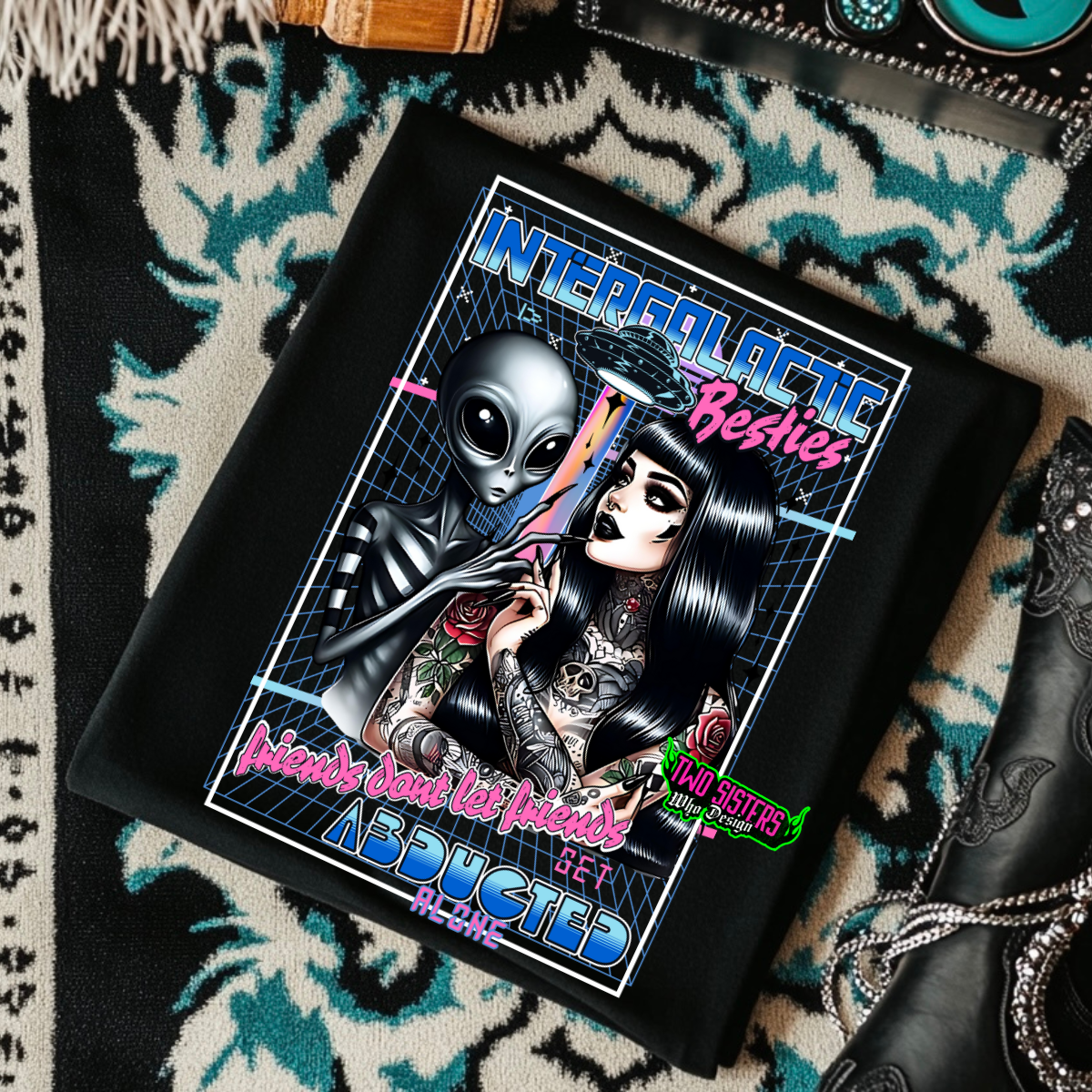 *EXCLUSIVE* Intergalatic Besties: Friends Don't Let Friends Get Abducted Alone - Black Mineral Wash TShirt, Black Rocker Tank, Sweatshirt, Hoodie, or Zip Up Hoodie