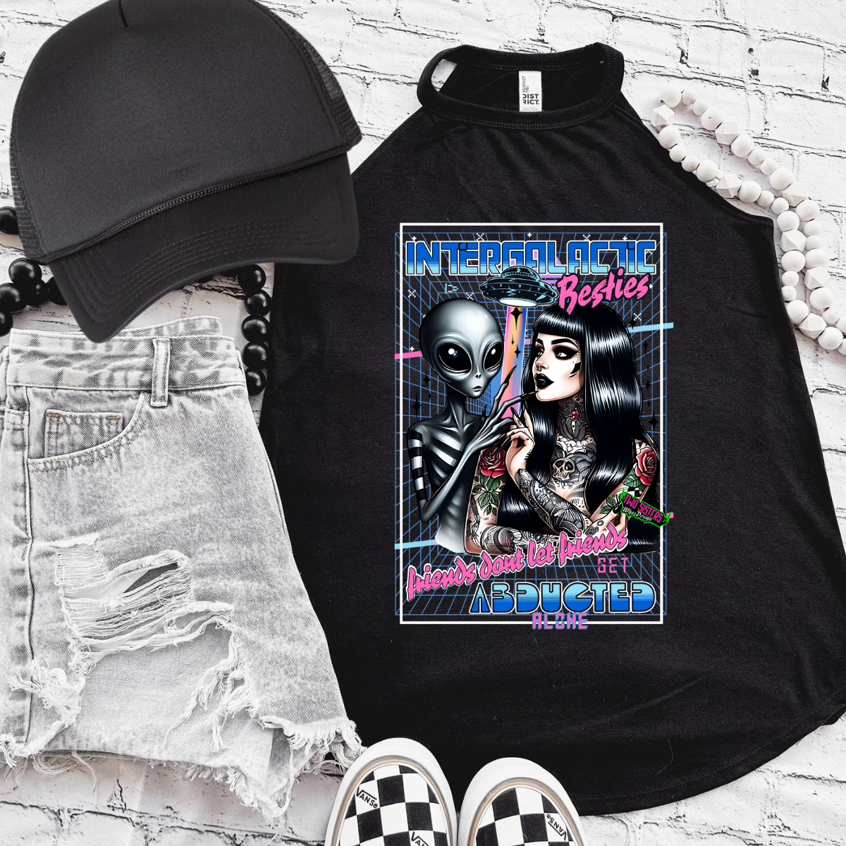 *EXCLUSIVE* Intergalatic Besties: Friends Don't Let Friends Get Abducted Alone - Black Mineral Wash TShirt, Black Rocker Tank, Sweatshirt, Hoodie, or Zip Up Hoodie