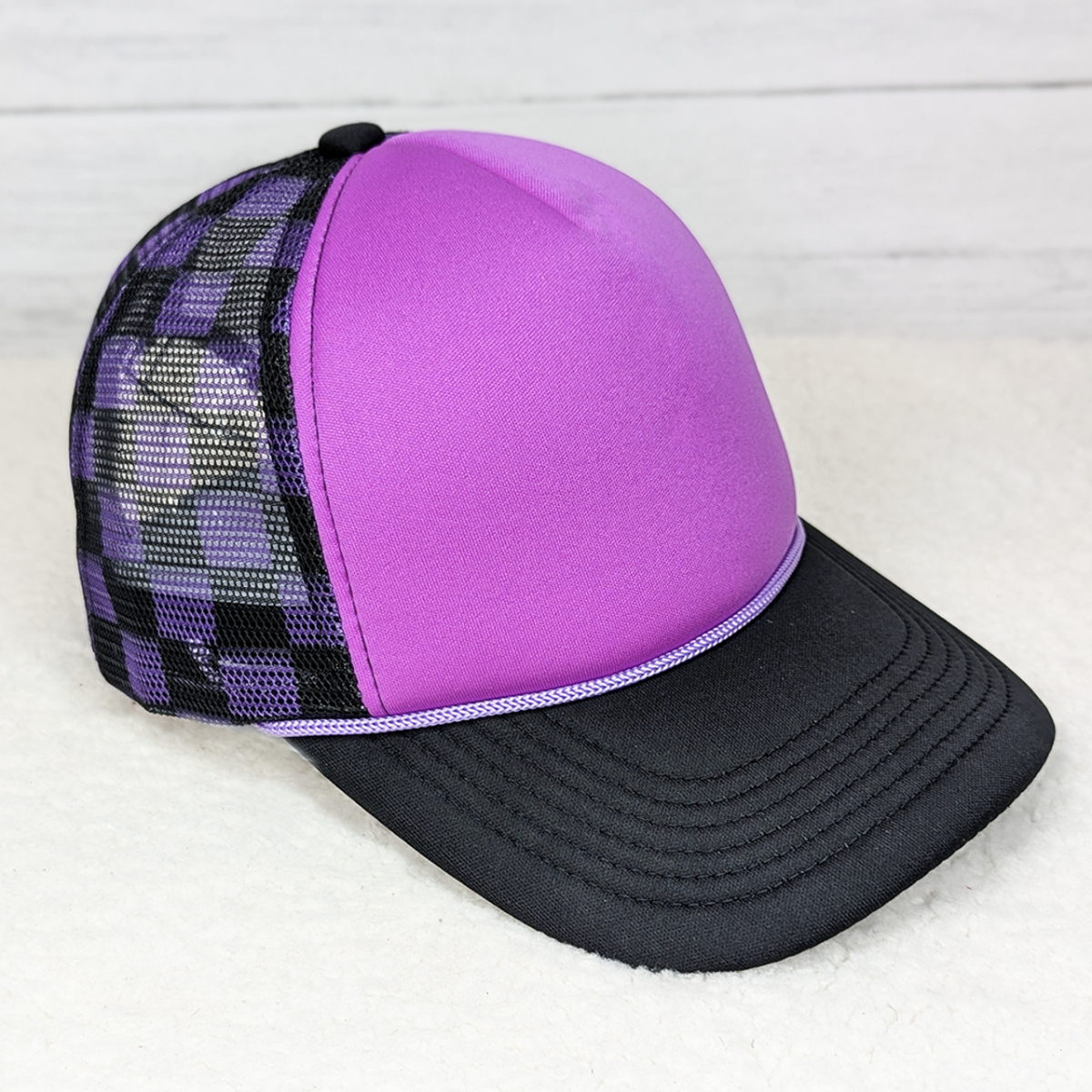 Purple and Black Checkered Trucker Hat
