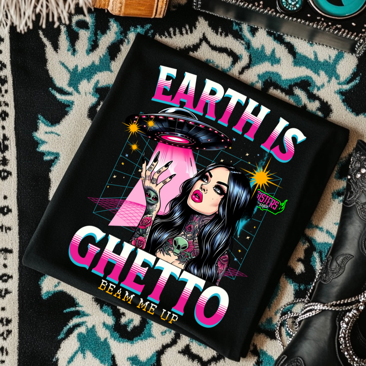 *EXCLUSIVE*EARTH IS GHETTO, BEAM ME UP - Black Mineral Wash TShirt, Black Rocker Tank, Sweatshirt, Hoodie, or Zip Up Hoodie