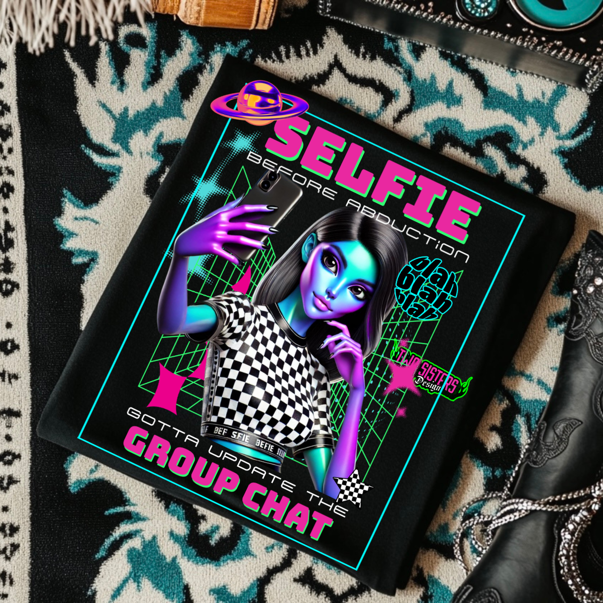 *EXCLUSIVE*+ FREE TRUCKER HAT - Selfie Before Abduction, Gotta Update the Group Chat - Black Mineral Wash TShirt, Black Rocker Tank, Sweatshirt, Hoodie, or Zip Up Hoodie | Trucker Hat