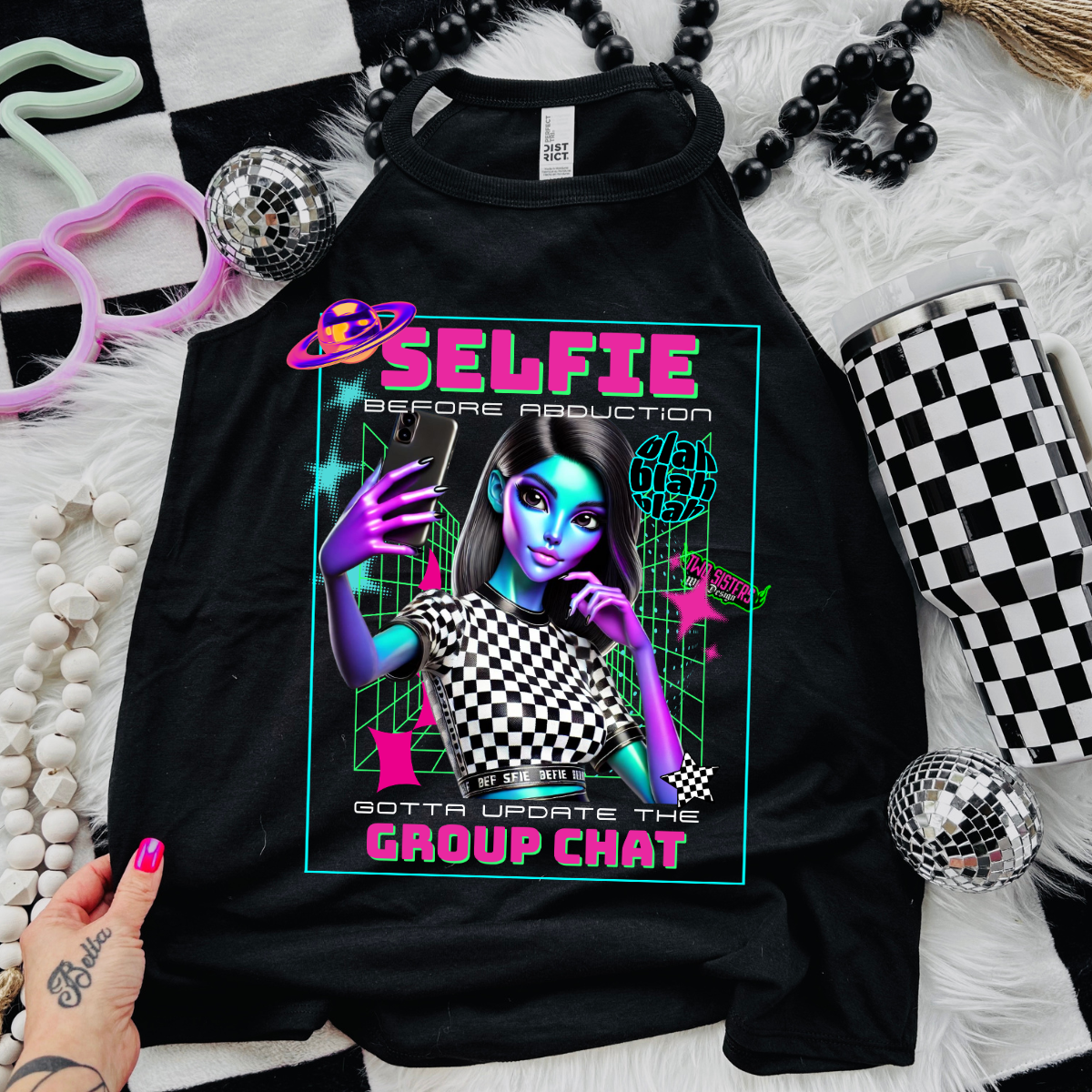 *EXCLUSIVE*+ FREE TRUCKER HAT - Selfie Before Abduction, Gotta Update the Group Chat - Black Mineral Wash TShirt, Black Rocker Tank, Sweatshirt, Hoodie, or Zip Up Hoodie | Trucker Hat