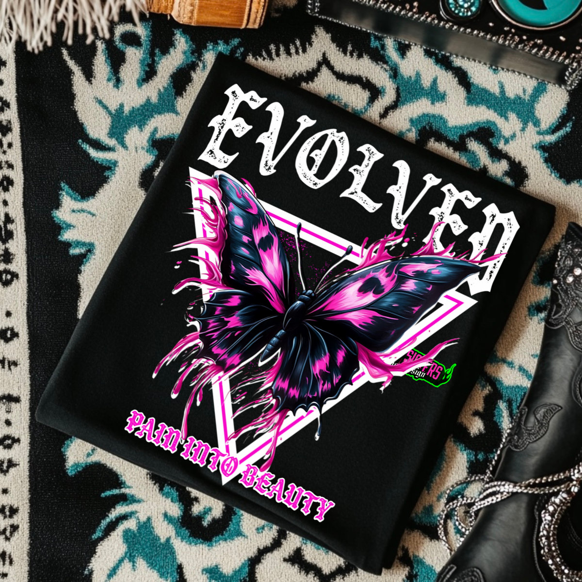 EVOLED PAIN INTO BEAUTY- Black Mineral Wash TShirt, Black Rocker Tank, Sweatshirt, Hoodie, or Zip Up Hoodie