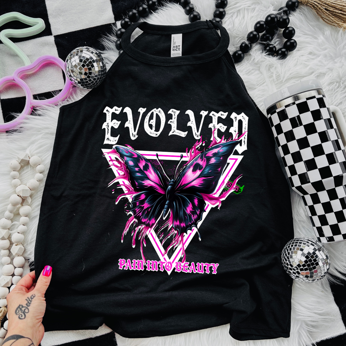 EVOLED PAIN INTO BEAUTY- Black Mineral Wash TShirt, Black Rocker Tank, Sweatshirt, Hoodie, or Zip Up Hoodie