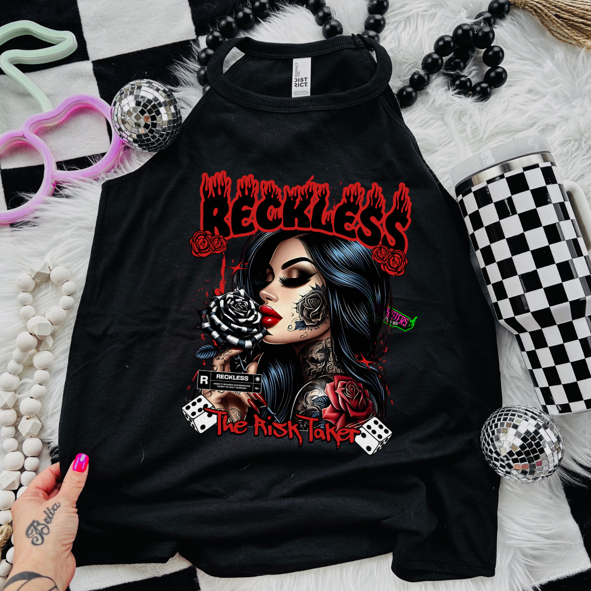 *EXCLUSIVE* RECKLESS - THE RISK TAKER - Black Mineral Wash TShirt, Black Rocker Tank, Sweatshirt, Hoodie, or Zip Up Hoodie