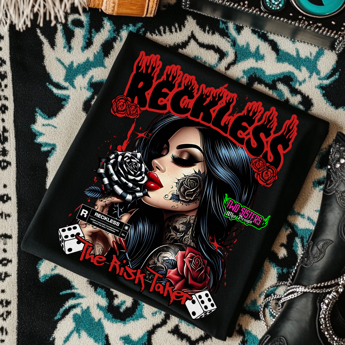 *EXCLUSIVE* RECKLESS - THE RISK TAKER - Black Mineral Wash TShirt, Black Rocker Tank, Sweatshirt, Hoodie, or Zip Up Hoodie