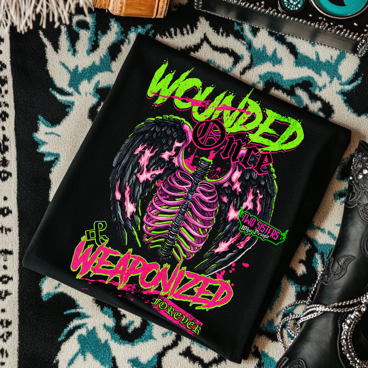 WOUNDED ONCE & WEAPONIZED FOREVER- Black Mineral Wash TShirt, Black Rocker Tank, Sweatshirt, Hoodie, or Zip Up Hoodie