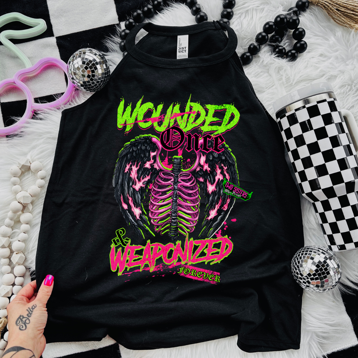 WOUNDED ONCE & WEAPONIZED FOREVER- Black Mineral Wash TShirt, Black Rocker Tank, Sweatshirt, Hoodie, or Zip Up Hoodie