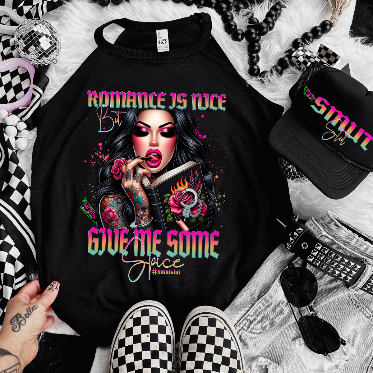 *EXCLUSIVE* Romance Is Nice, Give Me Some Spice - Black Mineral Wash TShirt, Black Rocker Tank, Sweatshirt, Hoodie, or Zip Up Hoodie | Trucker Hat