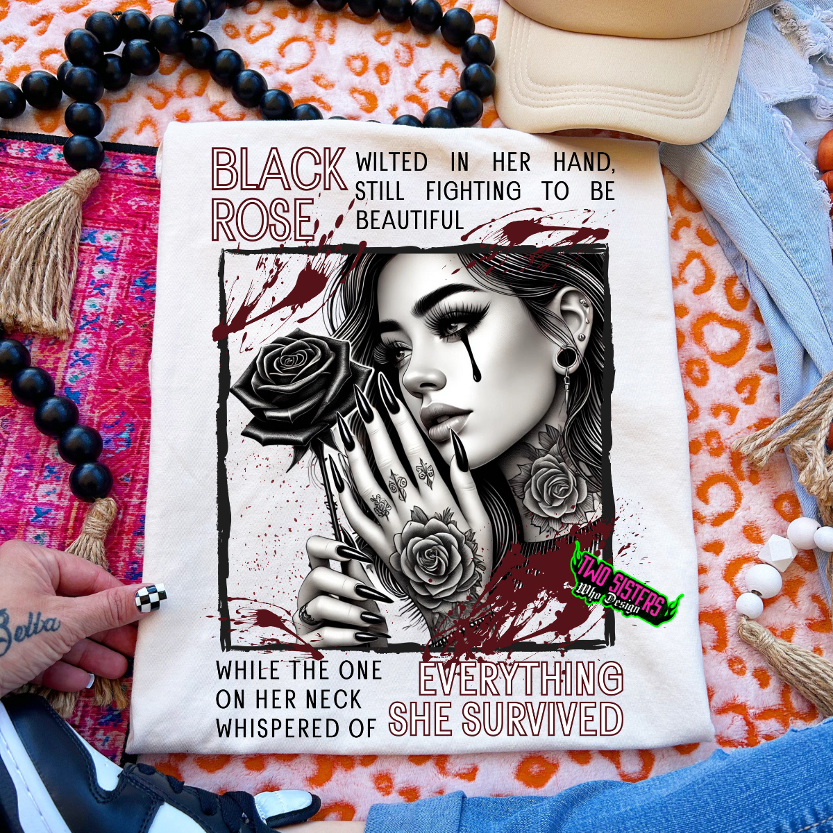*EXCLUSIVE*-A Black Rose Wilted In Her Hands Still Fighting to Be Beautiful - CC Ivory TShirt