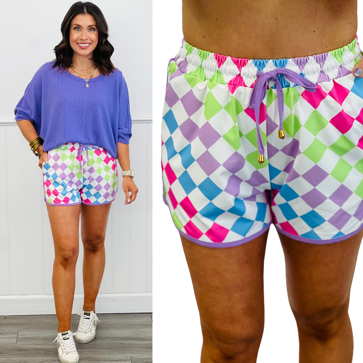 Multicolour Checkered Drawstring Elastic Waist Casual Shorts