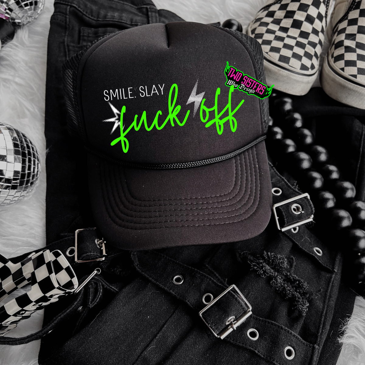 *LIMITED EDITION* Bundle of FIVE *NAUGHTY * Black & White with Pop of Color + FIVE Trucker Hats