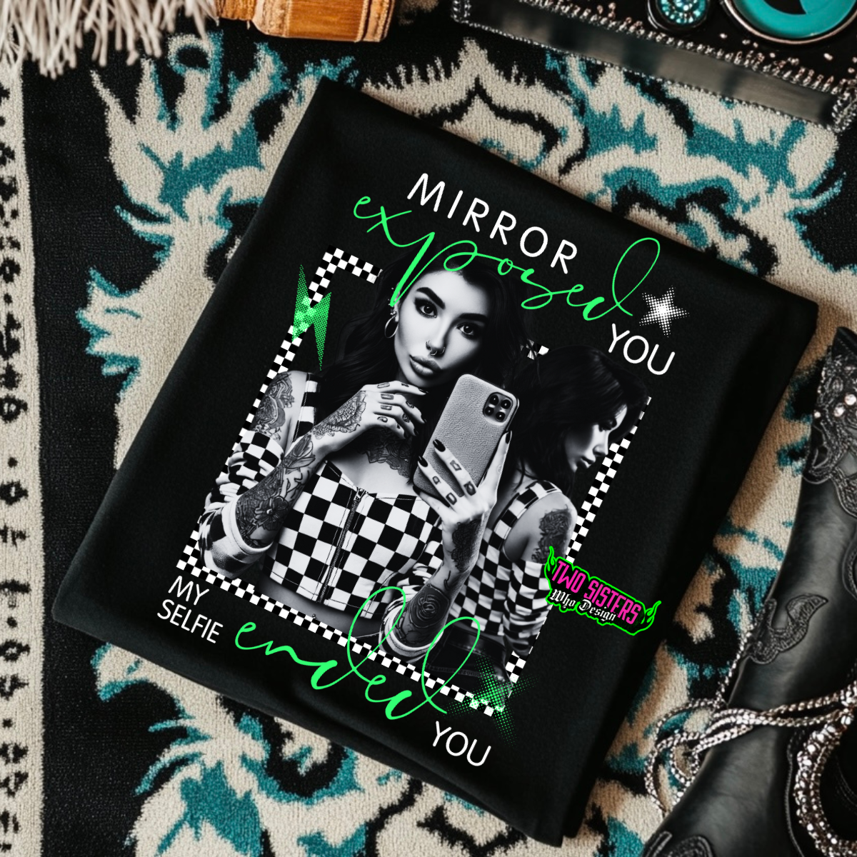 *EXCLUSIVE*Mirror Exposed You, My Selfie Ended You- Black Mineral Wash TShirt, Black Rocker Tank, Sweatshirt, Hoodie, or Zip Up Hoodie | Trucker Hat