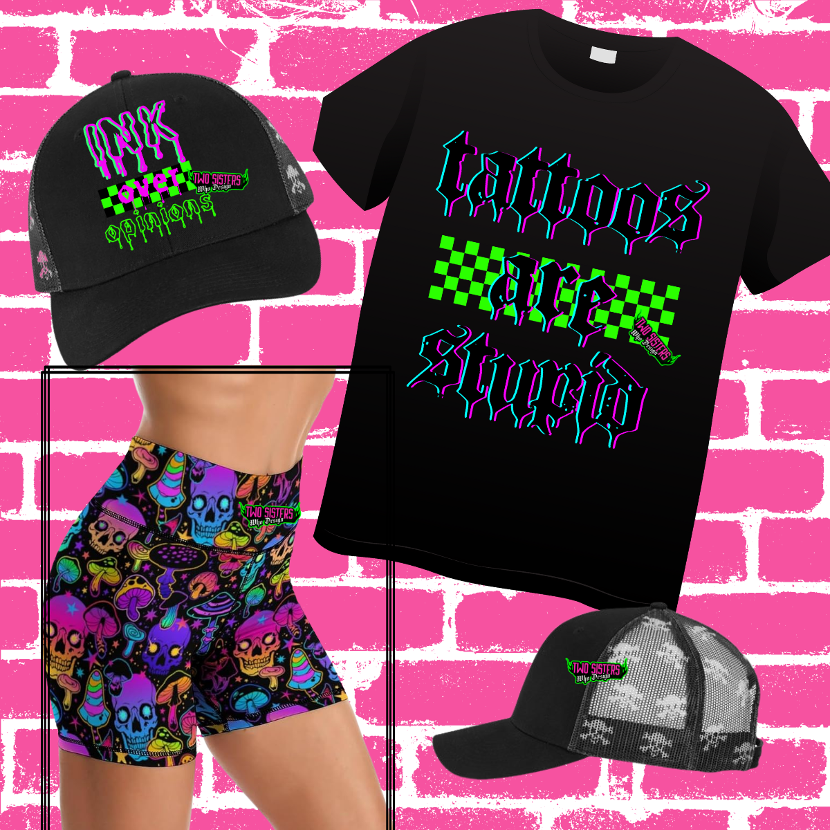 *EXCLUSIVE BUNDLE* – Tattoos Over Opinions Trucker Hat + Neon Biker Shorts + Tattoos Are Stupid Tee