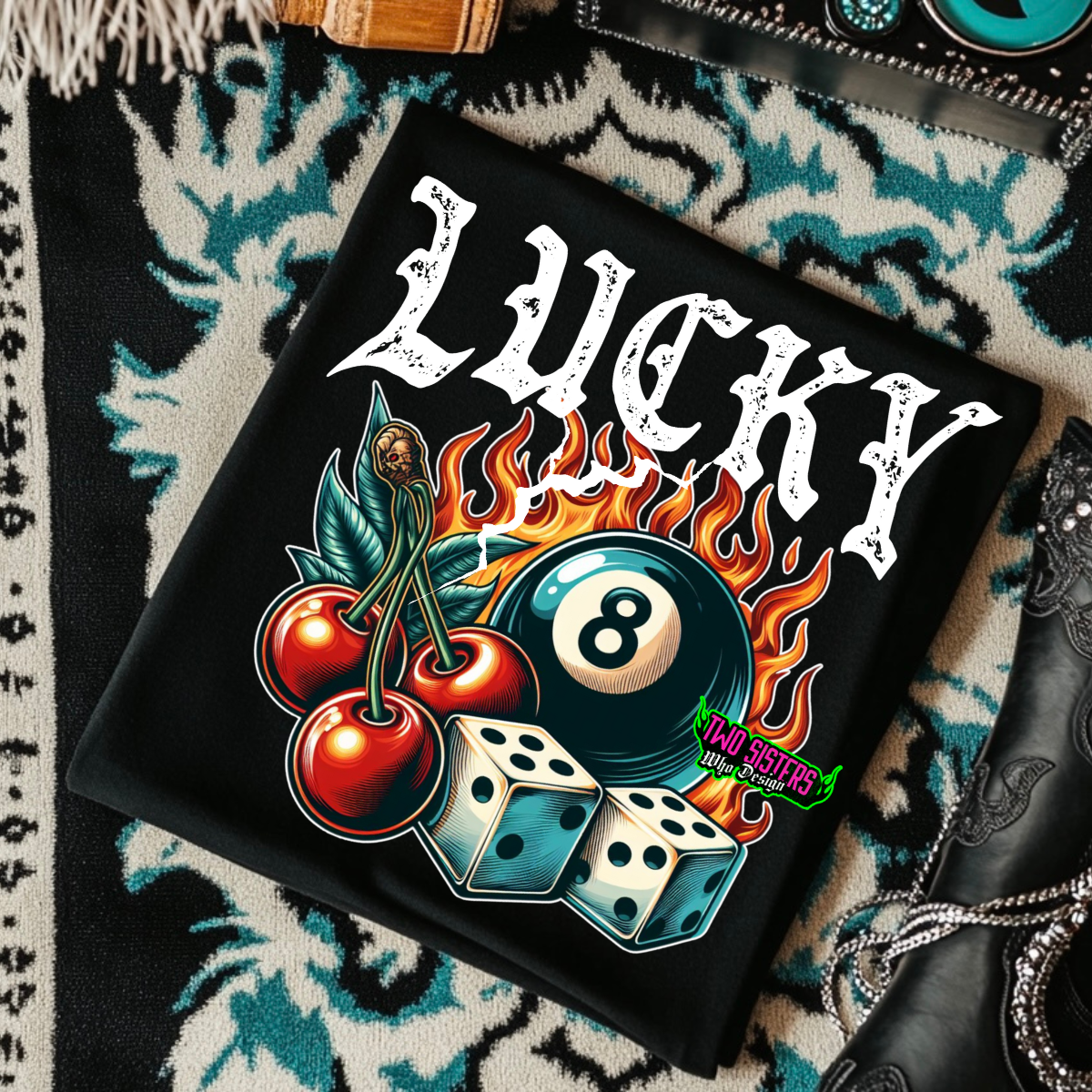 Lucky 8 Ball - Black Mineral Wash TShirt, Black Rocker Tank, Sweatshirt, Hoodie, or Zip Up Hoodie