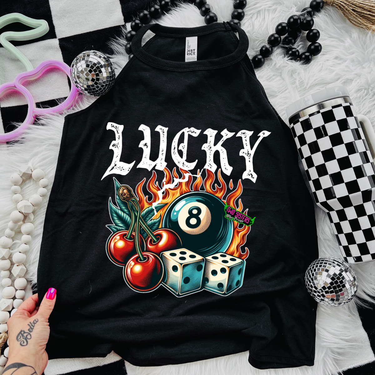 Lucky 8 Ball - Black Mineral Wash TShirt, Black Rocker Tank, Sweatshirt, Hoodie, or Zip Up Hoodie