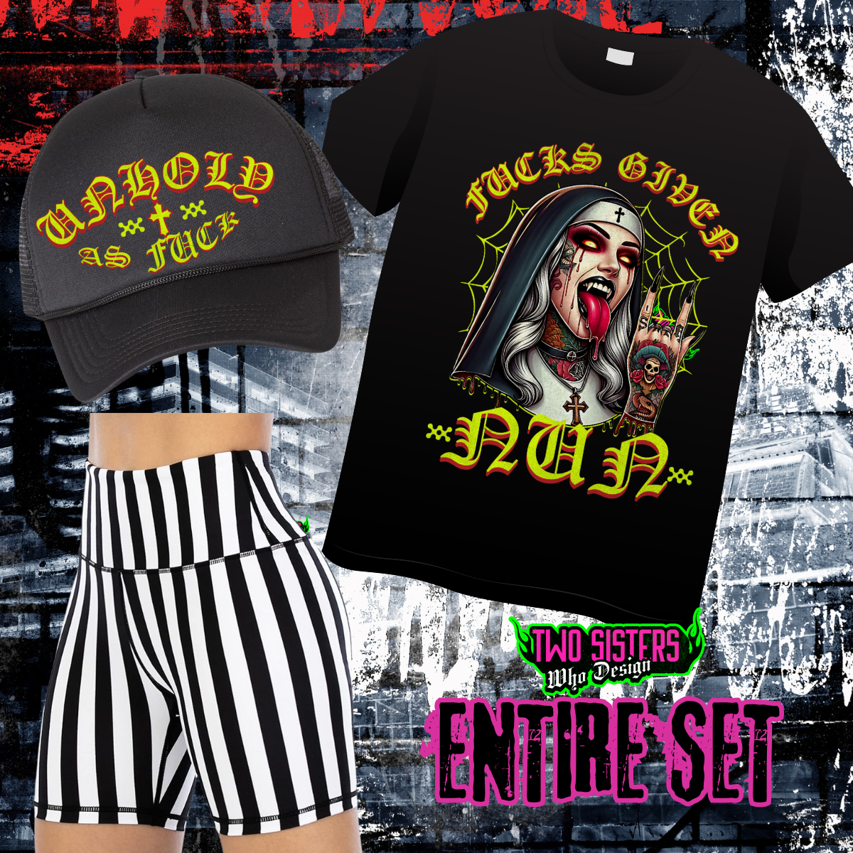 *EXCLUSIVE* F*cks Given Nun Verical Stripe Biker Short Bundle + Bonus Trucker Hat