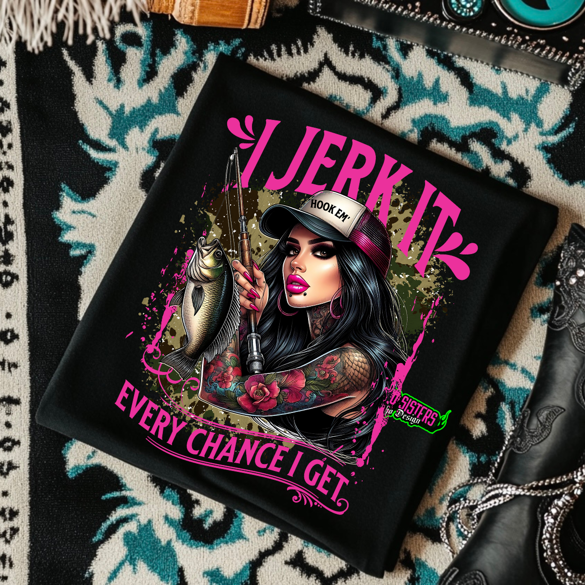 *EXCLUSIVE* I Jerk It Every Chance I Get Female Fishing Queen - Black Mineral Wash TShirt, Black Rocker Tank, Sweatshirt, Hoodie, or Zip Up Hoodie