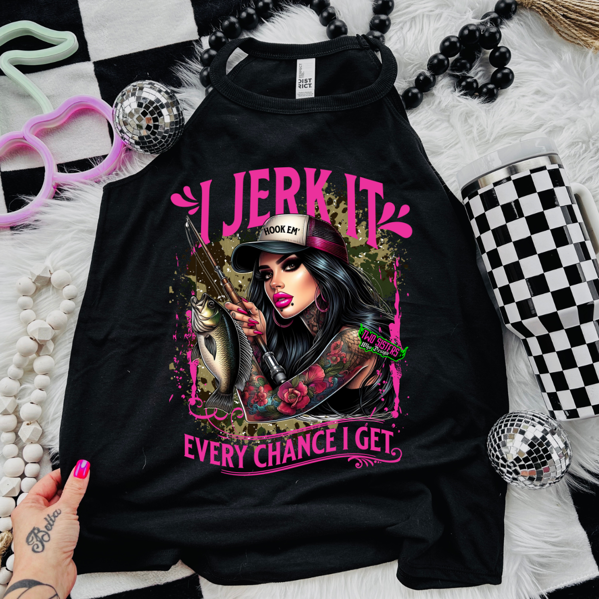 *EXCLUSIVE* I Jerk It Every Chance I Get Female Fishing Queen - Black Mineral Wash TShirt, Black Rocker Tank, Sweatshirt, Hoodie, or Zip Up Hoodie