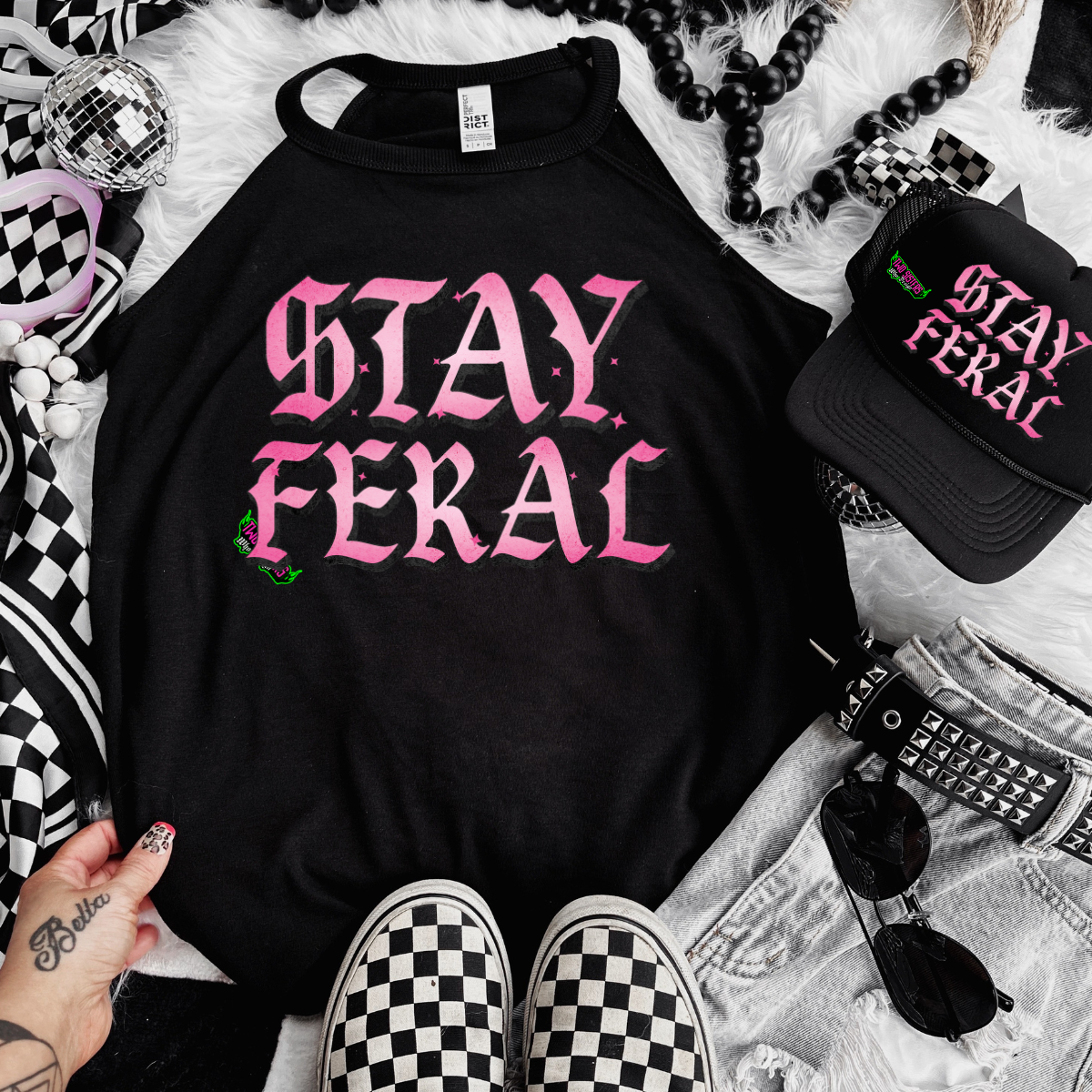 Stay Feral Pink Lettering- Black Mineral Wash TShirt, Black Rocker Tank, Sweatshirt, Hoodie, or Zip Up Hoodie