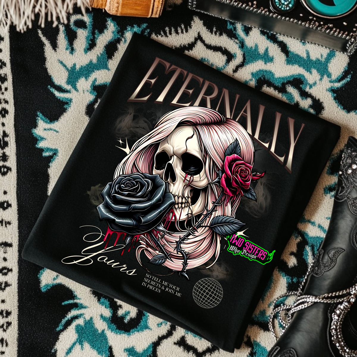 Eternally Yours Pink Skull - Black Mineral Wash TShirt, Black Rocker Tank, Sweatshirt, Hoodie, or Zip Up Hoodie