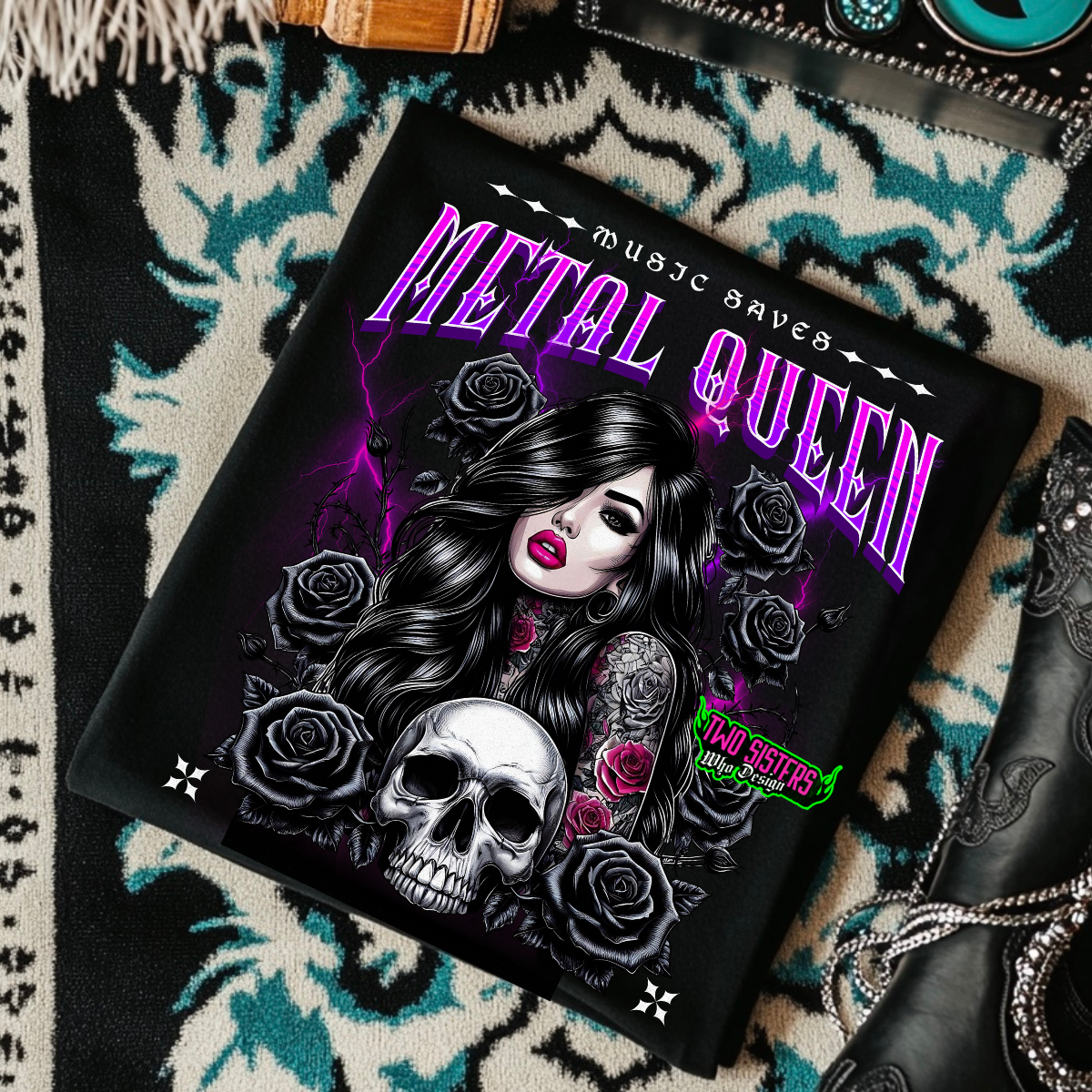 Music Saves - Metal Queen - Purple - Black Mineral Wash TShirt, Black Rocker Tank, Sweatshirt, Hoodie, or Zip Up Hoodie