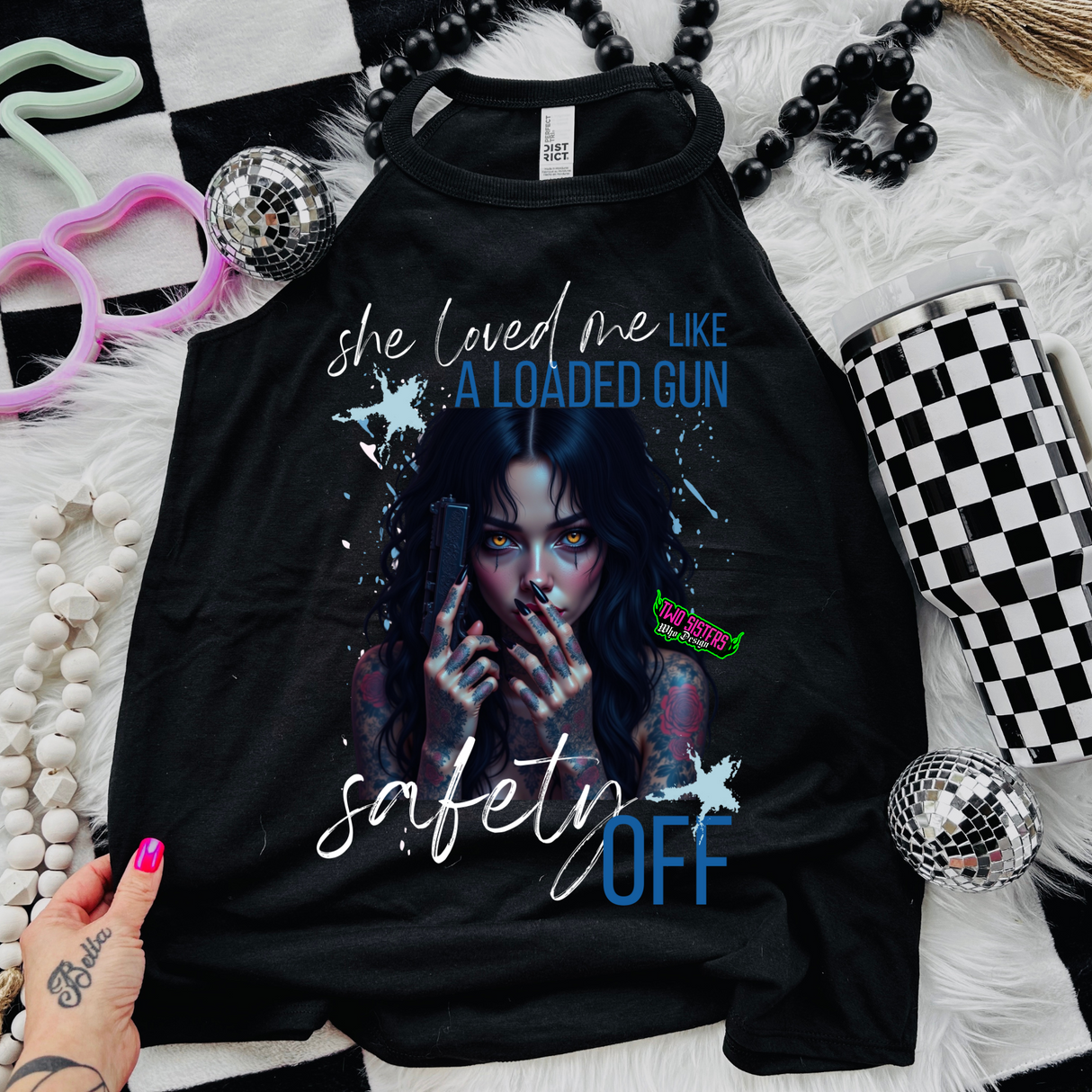 *EXCLUSIVE*She Loved Me Like a Loaded Gun: Safety Off- Black Mineral Wash TShirt, Black Rocker Tank, Sweatshirt, Hoodie, or Zip Up Hoodie