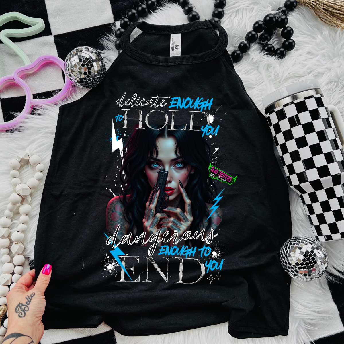 *EXCLUSIVE*Delicate Enough to Hold You, Dangerous Enough to End You - Black Mineral Wash TShirt, Black Rocker Tank, Sweatshirt, Hoodie, or Zip Up Hoodie