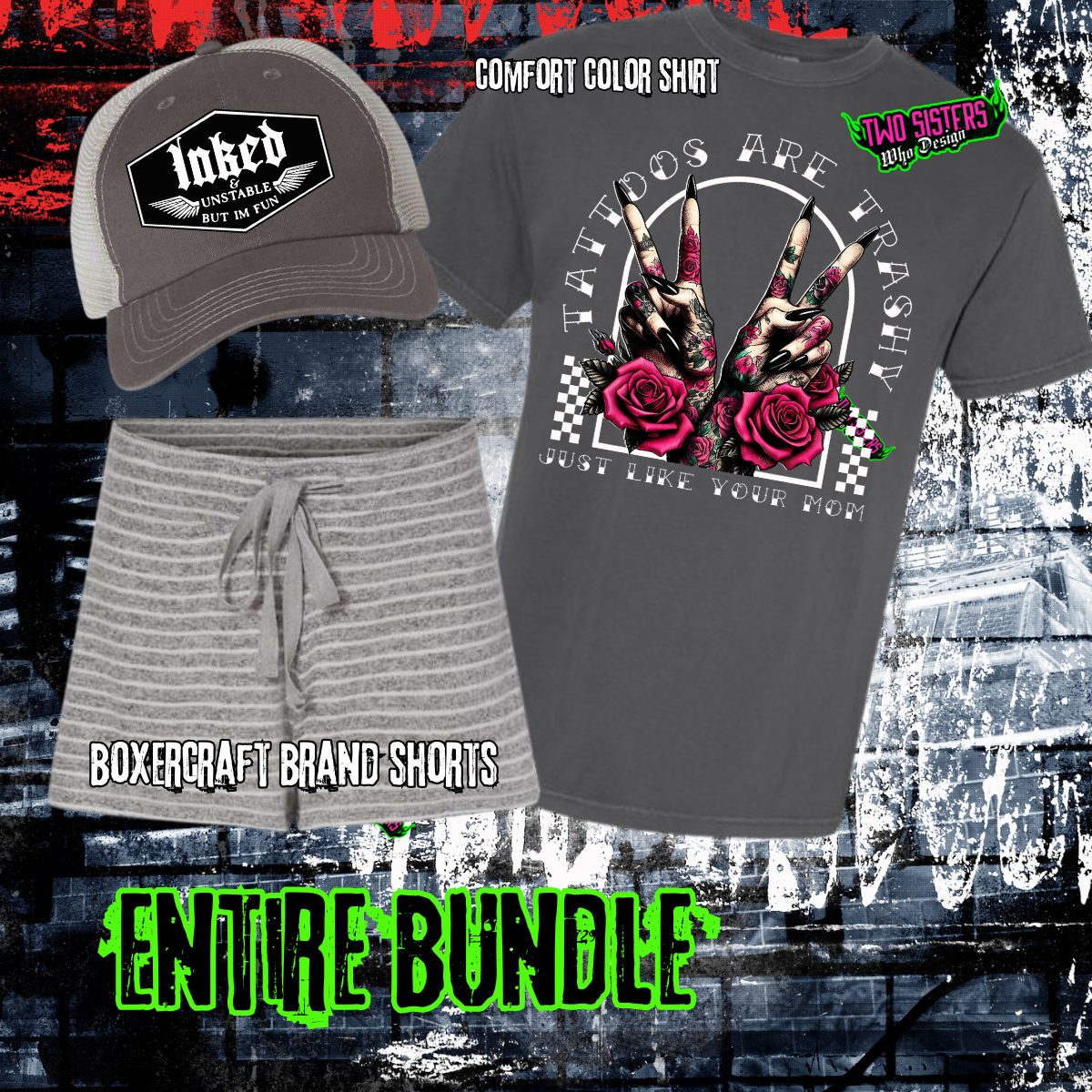 LIMITED EDITION: Tattoos Are Trashy Graphic TShirt + Boxercraft Striped Shorts + Trucker Hat Bundle