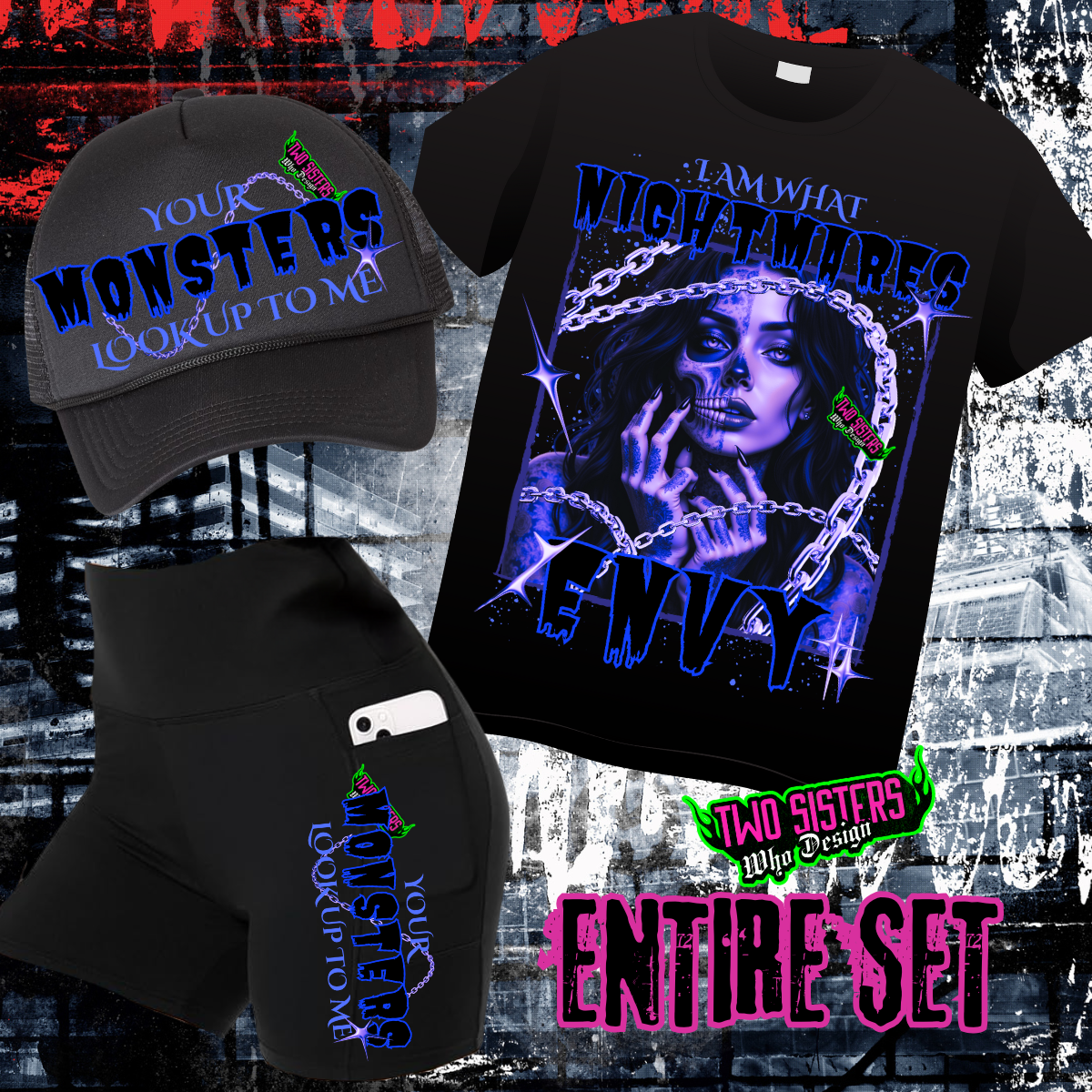 LIMITED EDITION: I Am What Nightmares Envy Racerback Tank Top + Biker Shorts + Trucker Hat Bundle