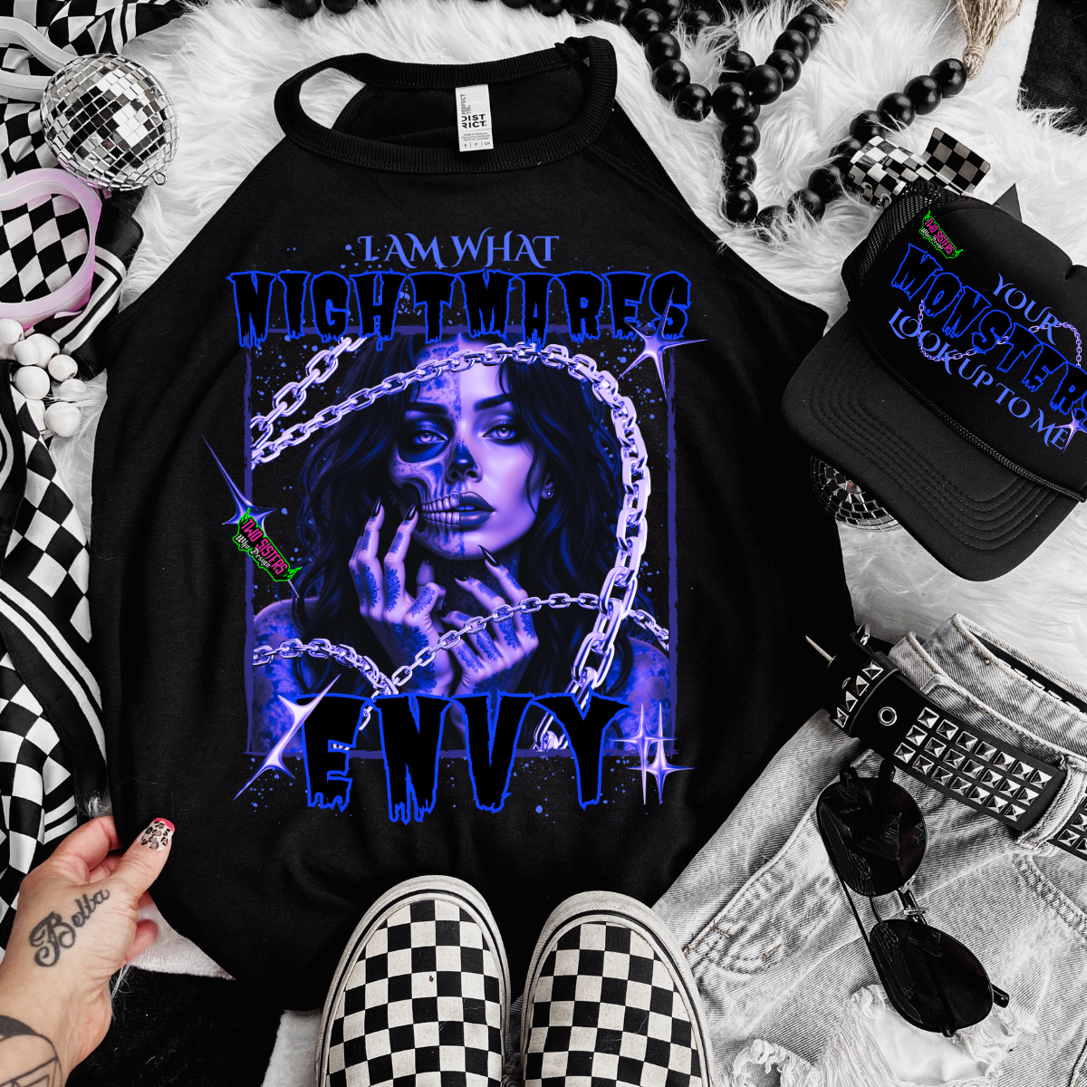 LIMITED EDITION: I Am What Nightmares Envy Racerback Tank Top + Biker Shorts + Trucker Hat Bundle